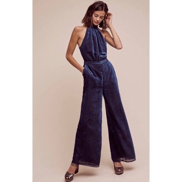 Anthropologie Elevenses Nota royal blue textured velvet sleeveless jumpsuit
